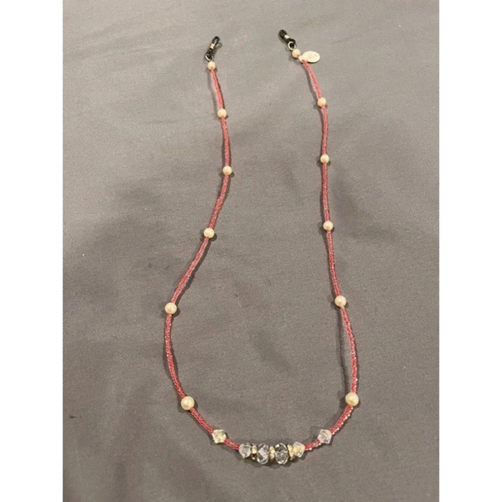 Red Beaded Eyeglasses Chain with Pearl and Crystal Accents